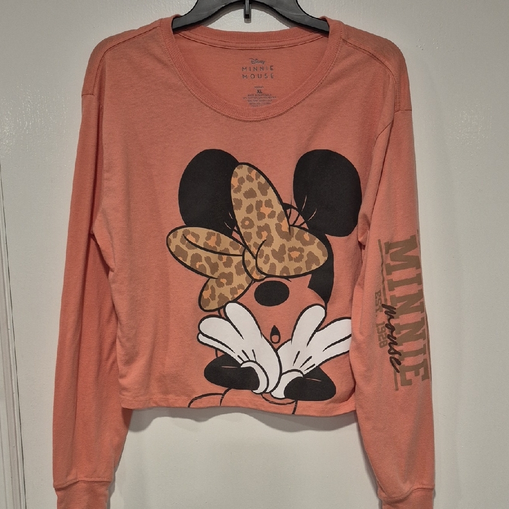 Disney Peach Minnie Mouse Sweatshirt with Leopard Bow and Black Accents